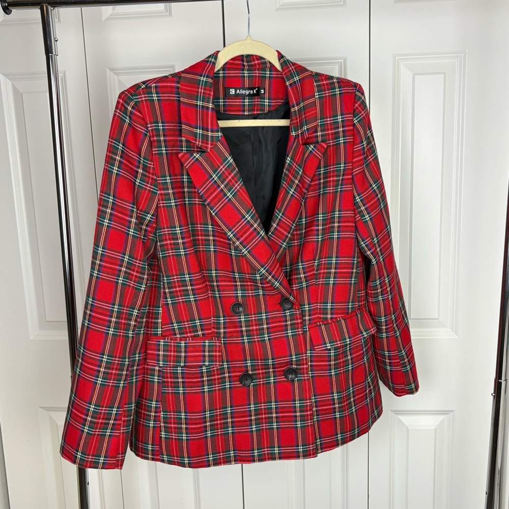 Allegra K Women's Red Plaid Double-Breasted Blazer